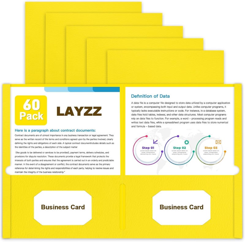 LAYZZ Folders with Pockets, 60 Pack Paper Pocket Folders, 2 Pocket File folders Fits Letter Size Paper, for School Office and Home (Yellow) - Image 1